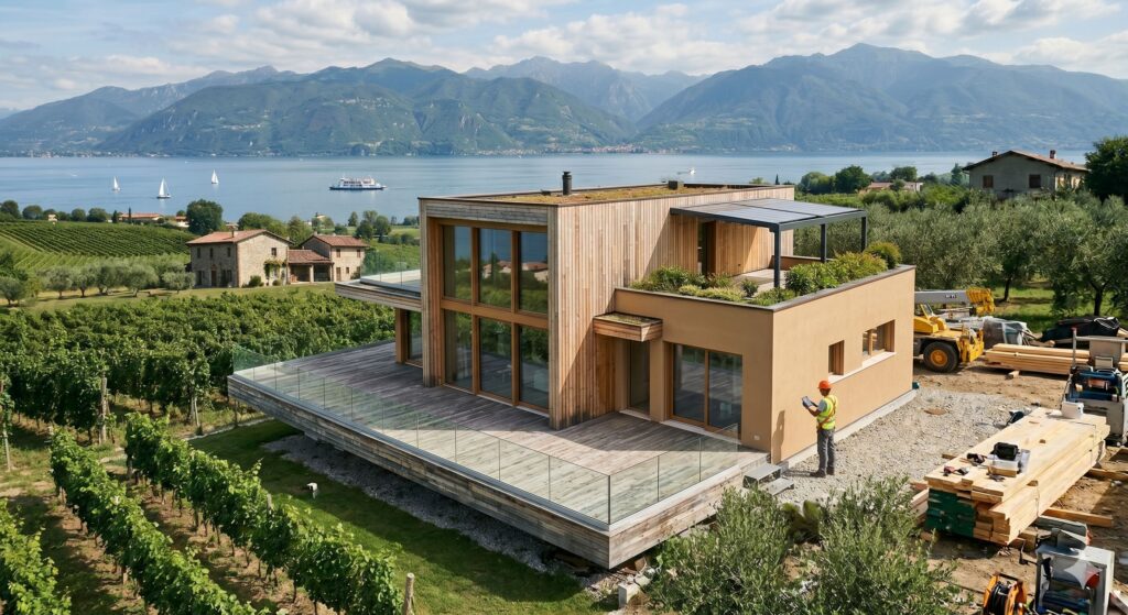 bioedilizia lago di garda villa moderna legno franciacorta lusso sopraintendenza vigneti